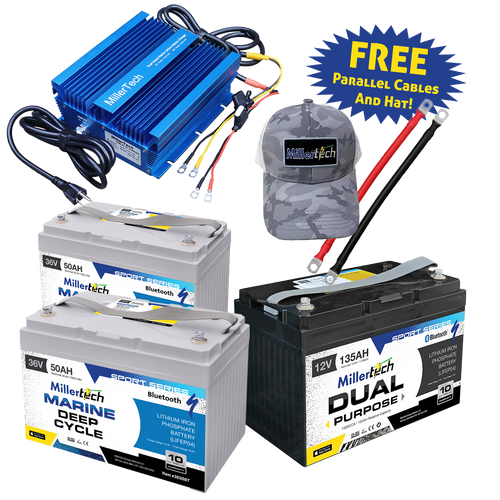 Millertech Blue Collar Bundle (2) 36V 50ah Trolling and (1) 135ah Cranking Battery w/ Dual Charger