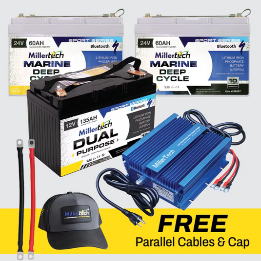 Millertech WARRIOR PRO PLUS Bundle (2) 24V 60ah Trolling and (1) 135ah Cranking Battery w/ Dual Charger